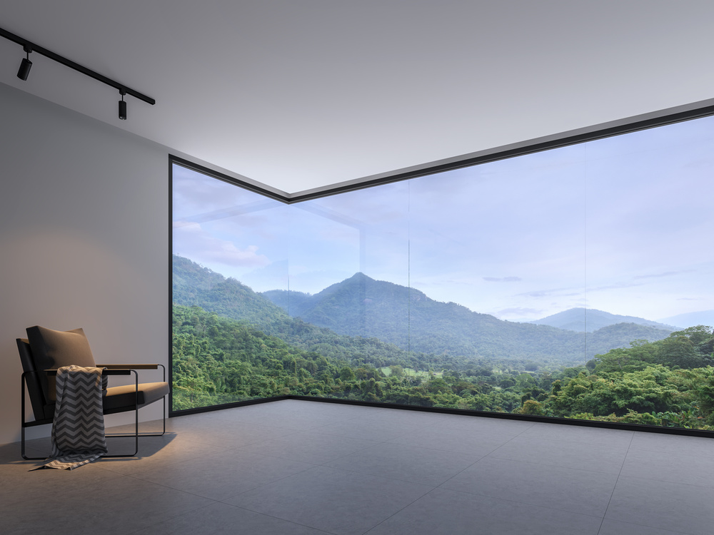 Modern style empty room with mountain view 3d render